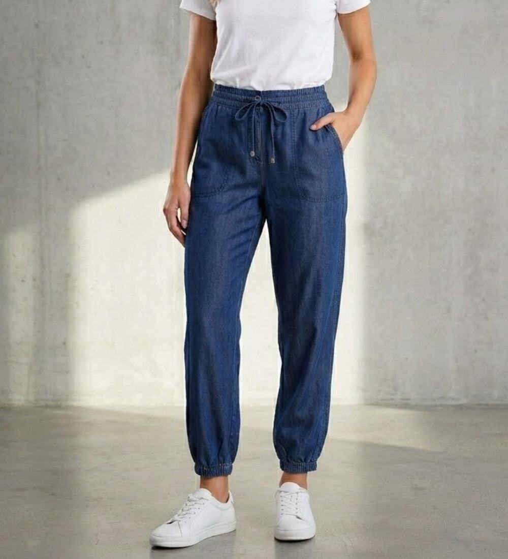 NWT Tahari Drawstring Jogger Denim Cargo Pants Blue Enzyme Wash High Rise Size S